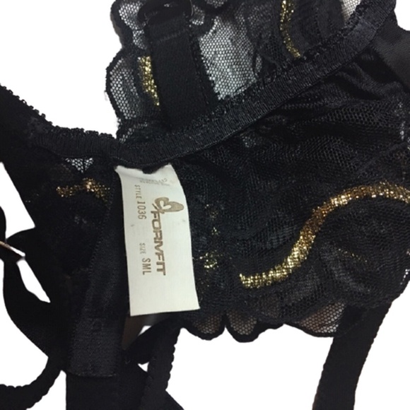 VINTAGE Formfit Garter Belt Black w/ Gold Lame Swirl Detail Metal Fasteners - Picture 7 of 13